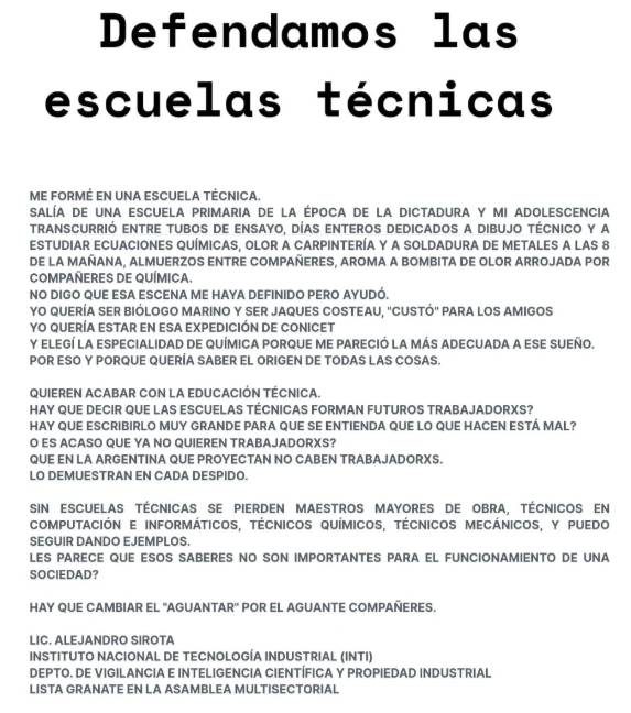 DEFENDAMOS LAS ESCUELAS TÉCNICAS: EL GRITO DE UN TRABAJADOR DEL INTI