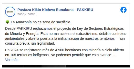 PUEBLOS INDÍGENAS ECUATORIANOS ALZAN LA VOZ CONTRA LEY MINERA EXTRACTIVISTA